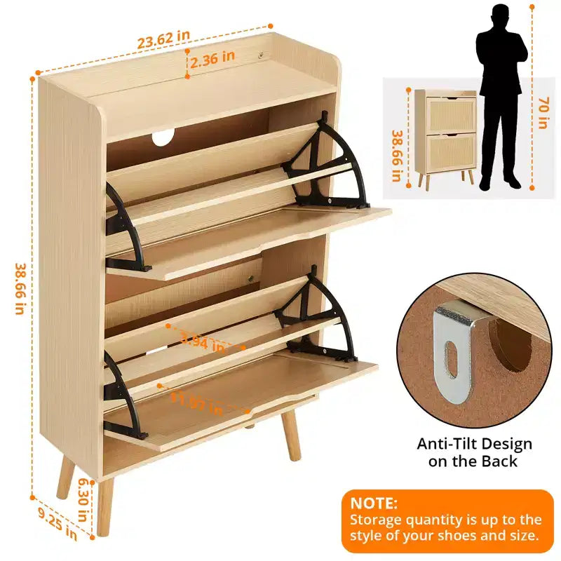 Concealed shoe cabinet with two foldable wicker drawers, suitable for hallways or corridors, accommodating 12-15 pairs of shoes.