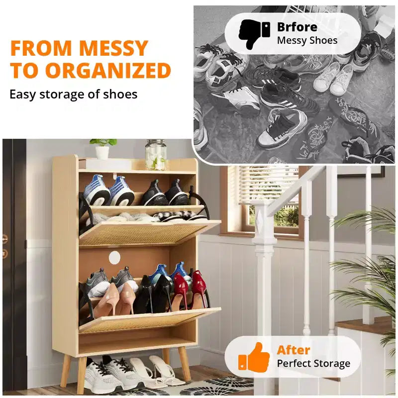 Concealed shoe cabinet with two foldable wicker drawers, suitable for hallways or corridors, accommodating 12-15 pairs of shoes.