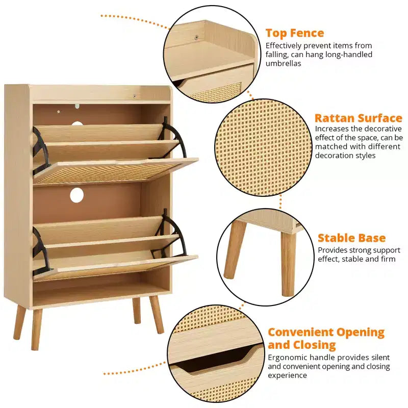 Concealed shoe cabinet with two foldable wicker drawers, suitable for hallways or corridors, accommodating 12-15 pairs of shoes.