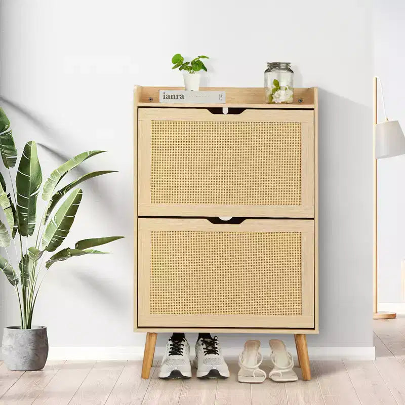 Concealed shoe cabinet with two foldable wicker drawers, suitable for hallways or corridors, accommodating 12-15 pairs of shoes.