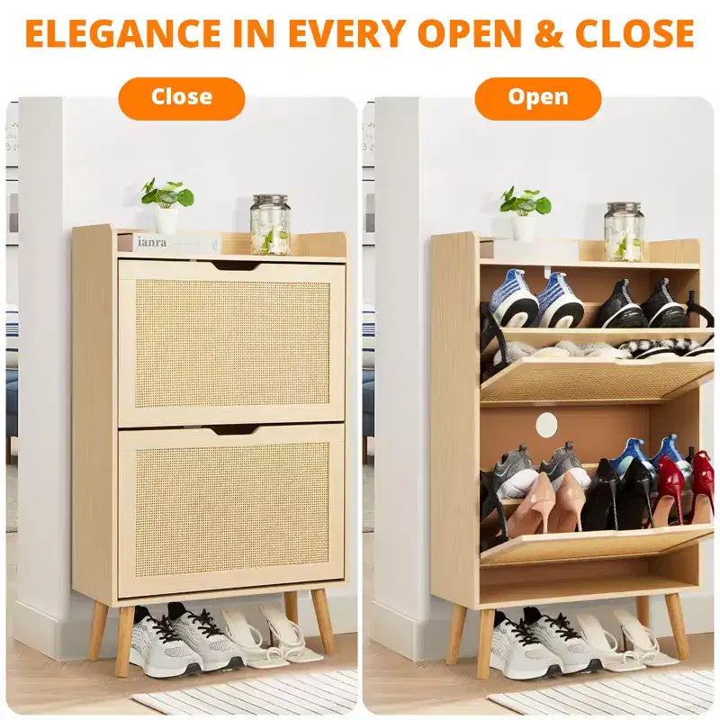 Concealed shoe cabinet with two foldable wicker drawers, suitable for hallways or corridors, accommodating 12-15 pairs of shoes.