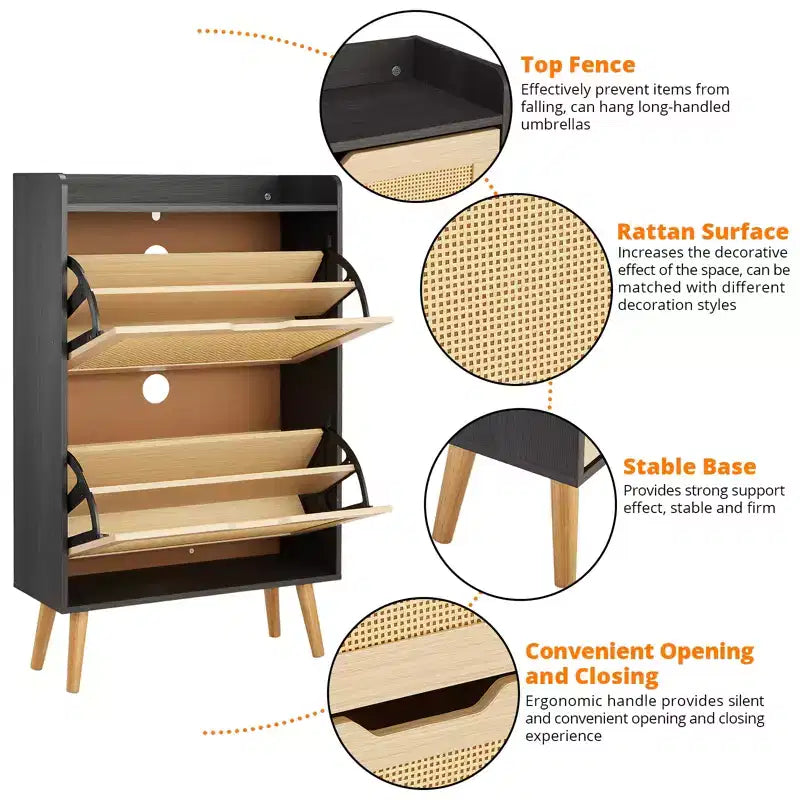 Concealed shoe cabinet with two foldable wicker drawers, suitable for hallways or corridors, accommodating 12-15 pairs of shoes.