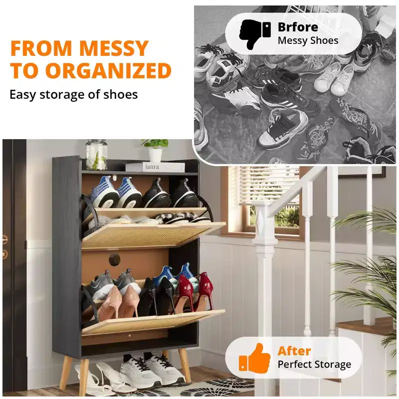 Concealed shoe cabinet with two foldable wicker drawers, suitable for hallways or corridors, accommodating 12-15 pairs of shoes.