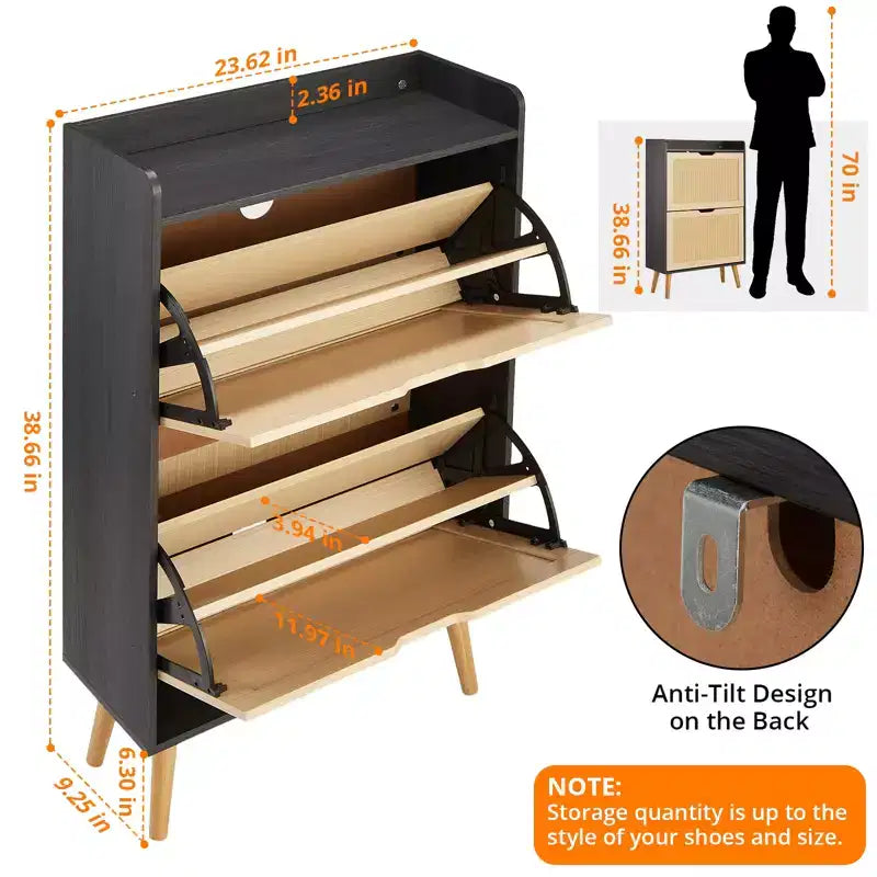 Concealed shoe cabinet with two foldable wicker drawers, suitable for hallways or corridors, accommodating 12-15 pairs of shoes.