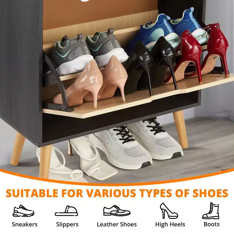 Concealed shoe cabinet with two foldable wicker drawers, suitable for hallways or corridors, accommodating 12-15 pairs of shoes.