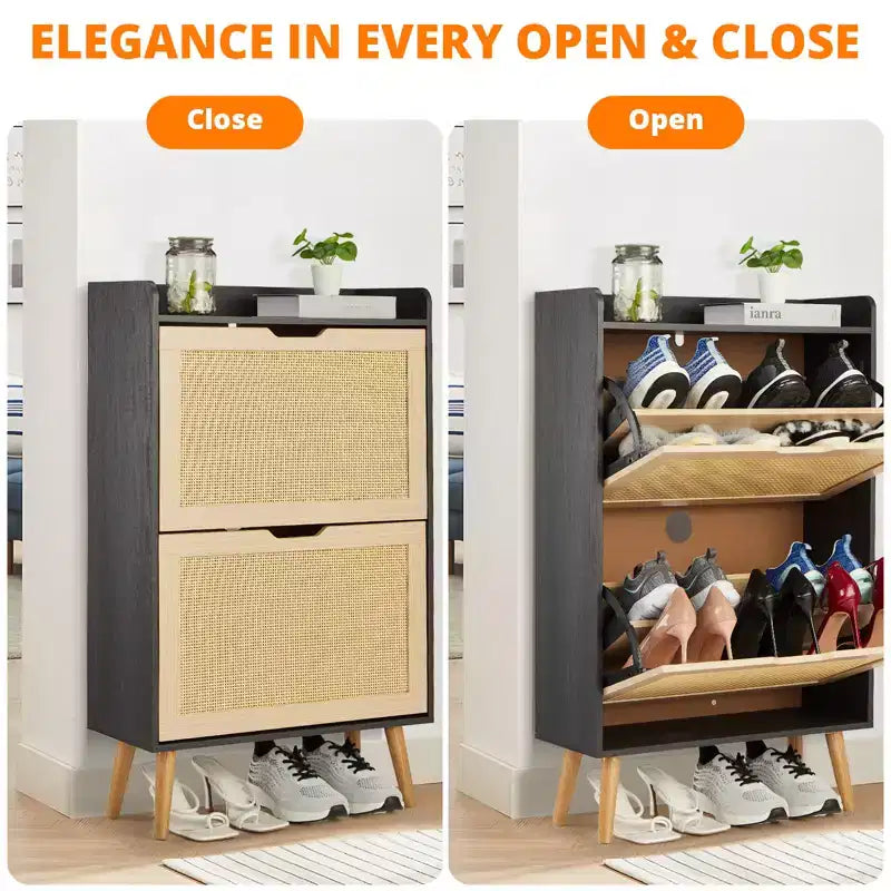 Concealed shoe cabinet with two foldable wicker drawers, suitable for hallways or corridors, accommodating 12-15 pairs of shoes.