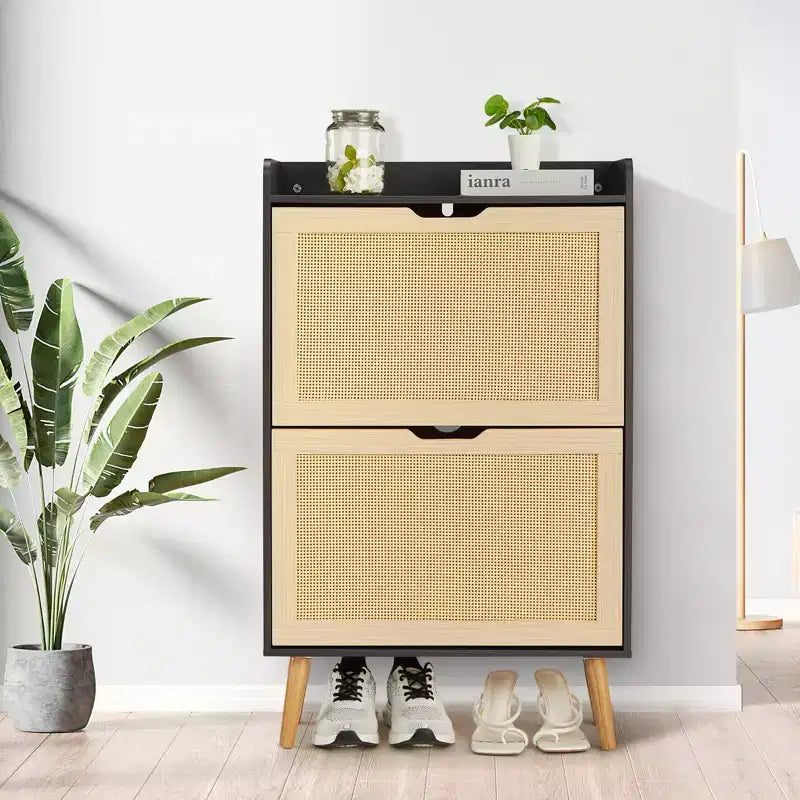 Concealed shoe cabinet with two foldable wicker drawers, suitable for hallways or corridors, accommodating 12-15 pairs of shoes.