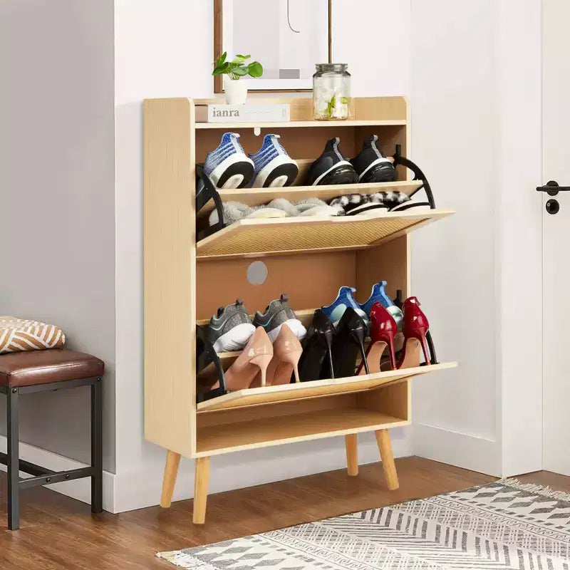 Concealed shoe cabinet with two foldable wicker drawers, suitable for hallways or corridors, accommodating 12-15 pairs of shoes.