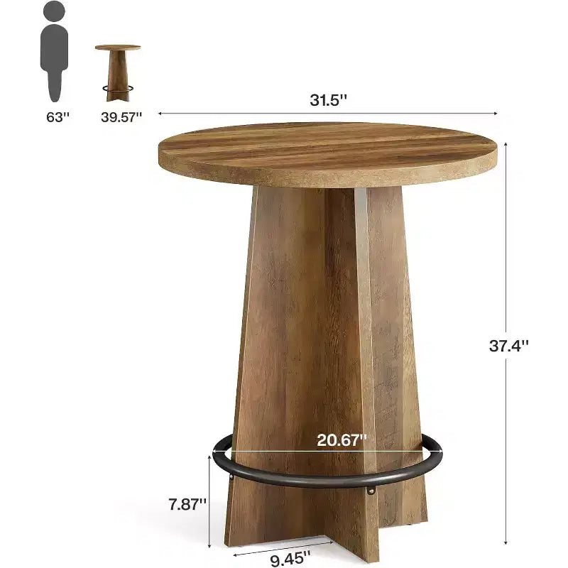 Round Bar Table, 37.4'' Wooden Bistro Pub Table with Base and Metal Ring Footrest for Cafe, Home, Small Space, Only Table