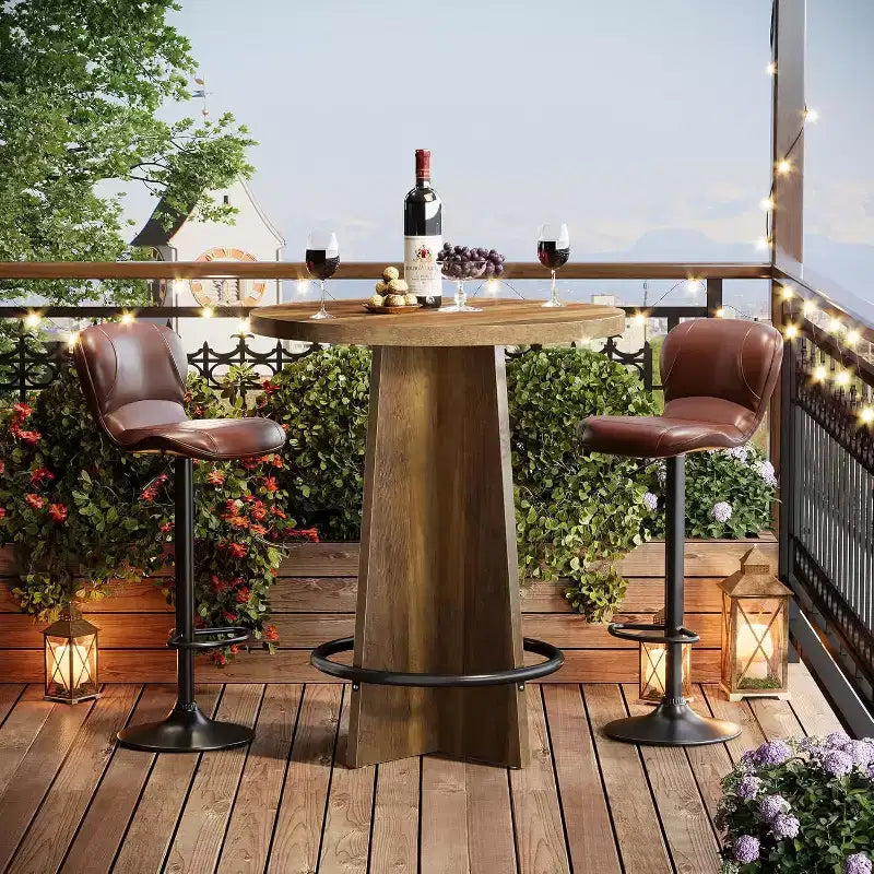 Round Bar Table, 37.4'' Wooden Bistro Pub Table with Base and Metal Ring Footrest for Cafe, Home, Small Space, Only Table
