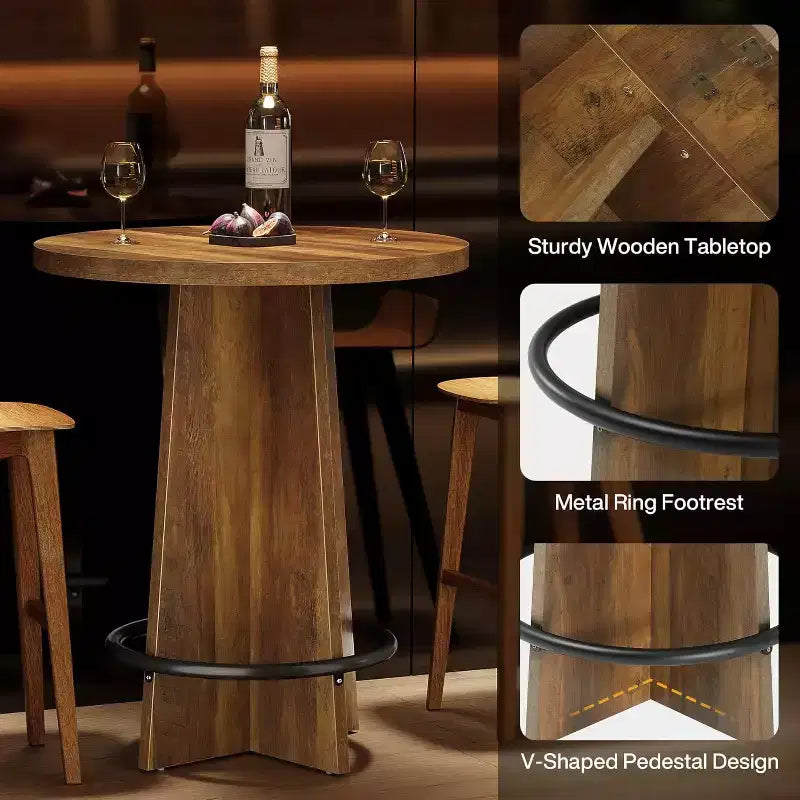 Round Bar Table, 37.4'' Wooden Bistro Pub Table with Base and Metal Ring Footrest for Cafe, Home, Small Space, Only Table