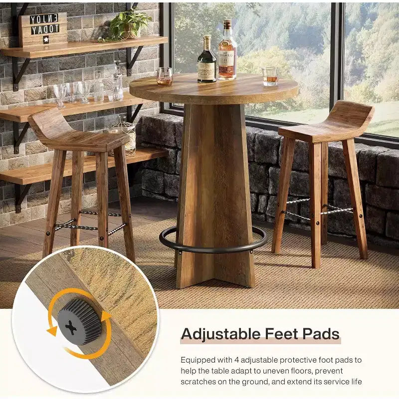 Round Bar Table, 37.4'' Wooden Bistro Pub Table with Base and Metal Ring Footrest for Cafe, Home, Small Space, Only Table