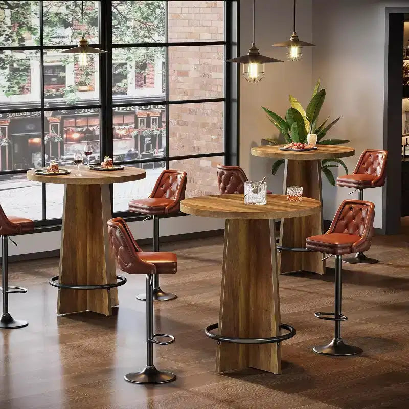 Round Bar Table, 37.4'' Wooden Bistro Pub Table with Base and Metal Ring Footrest for Cafe, Home, Small Space, Only Table