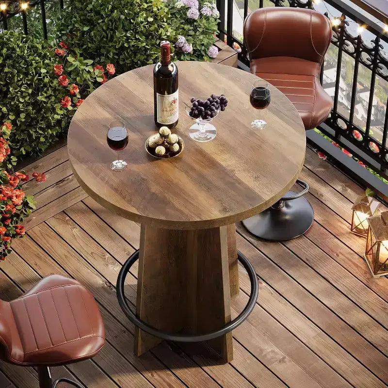 Round Bar Table, 37.4'' Wooden Bistro Pub Table with Base and Metal Ring Footrest for Cafe, Home, Small Space, Only Table