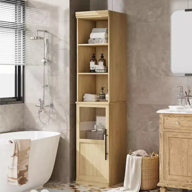 Slim bathroom cabinet with doors and open shelves, ideal for compact spaces. This tall, narrow floor-standing cabinet is suitable for kitchens