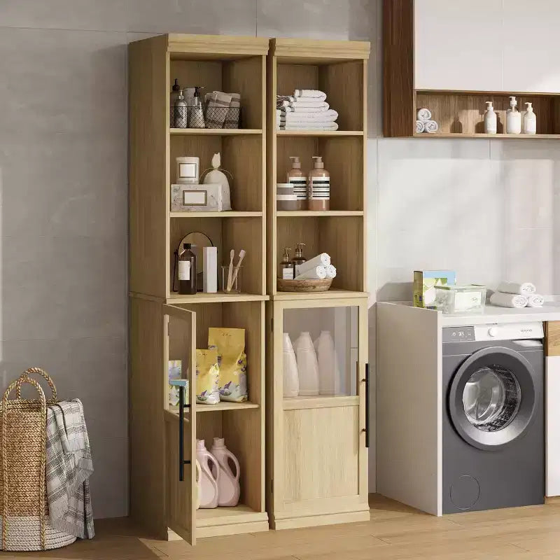 Slim bathroom cabinet with doors and open shelves, ideal for compact spaces. This tall, narrow floor-standing cabinet is suitable for kitchens