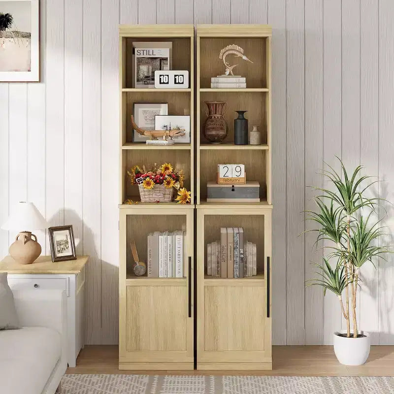 Slim bathroom cabinet with doors and open shelves, ideal for compact spaces. This tall, narrow floor-standing cabinet is suitable for kitchens