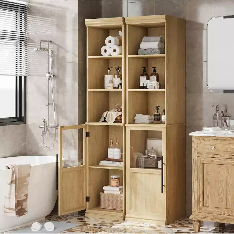 Slim bathroom cabinet with doors and open shelves, ideal for compact spaces. This tall, narrow floor-standing cabinet is suitable for kitchens