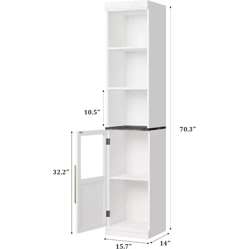 Slim bathroom cabinet with doors and open shelves, ideal for compact spaces. This tall, narrow floor-standing cabinet is suitable for kitchens