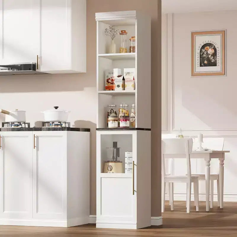 Slim bathroom cabinet with doors and open shelves, ideal for compact spaces. This tall, narrow floor-standing cabinet is suitable for kitchens