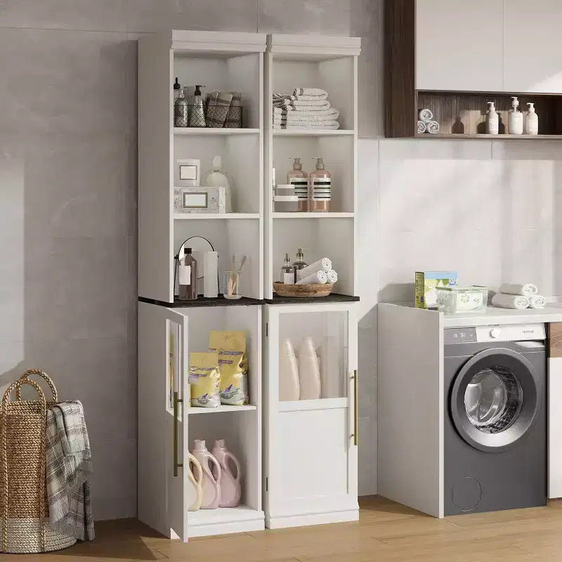 Slim bathroom cabinet with doors and open shelves, ideal for compact spaces. This tall, narrow floor-standing cabinet is suitable for kitchens