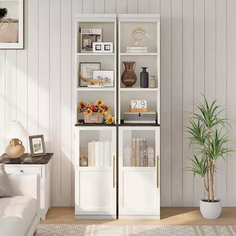 Slim bathroom cabinet with doors and open shelves, ideal for compact spaces. This tall, narrow floor-standing cabinet is suitable for kitchens
