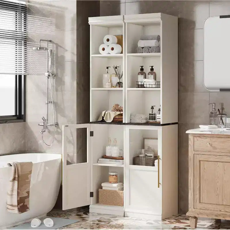 Slim bathroom cabinet with doors and open shelves, ideal for compact spaces. This tall, narrow floor-standing cabinet is suitable for kitchens