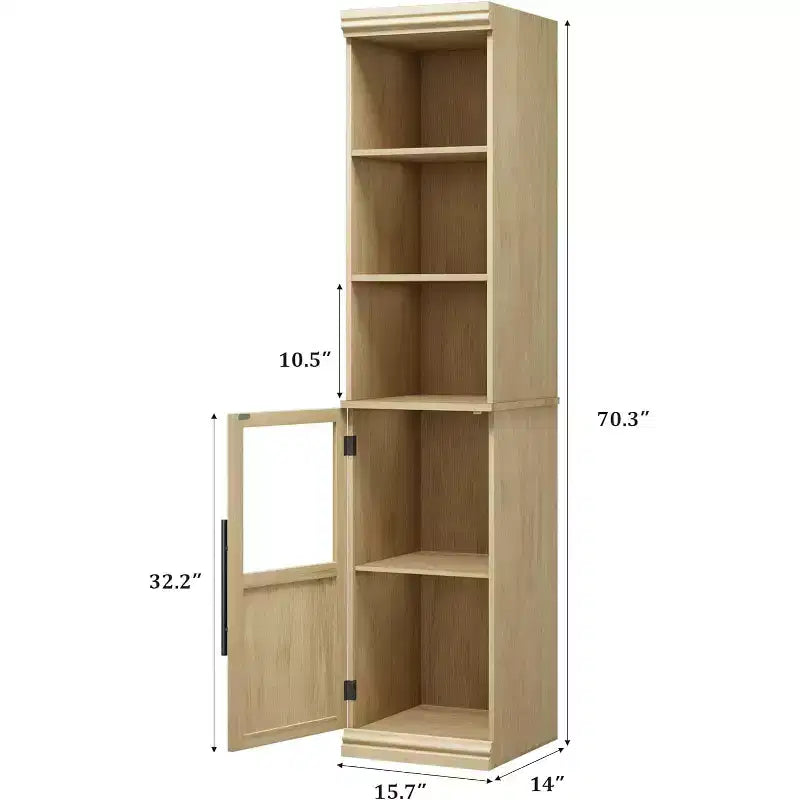 Slim bathroom cabinet with doors and open shelves, ideal for compact spaces. This tall, narrow floor-standing cabinet is suitable for kitchens