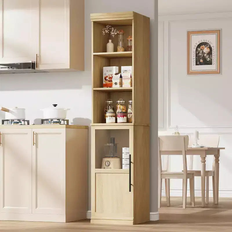 Slim bathroom cabinet with doors and open shelves, ideal for compact spaces. This tall, narrow floor-standing cabinet is suitable for kitchens
