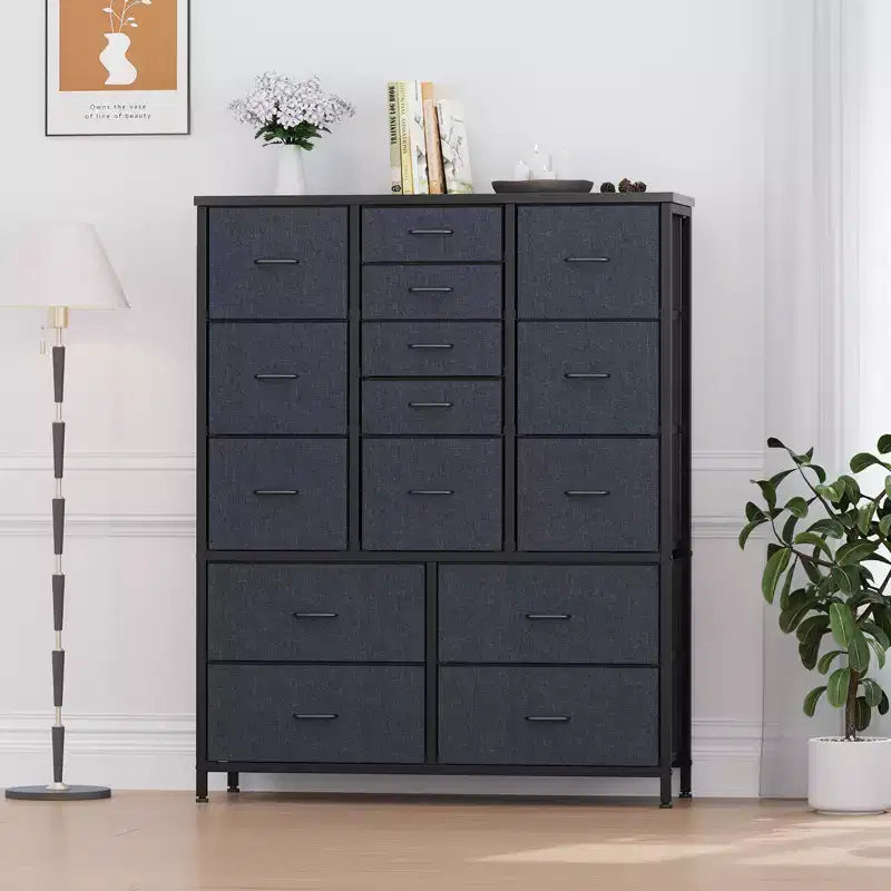 15-Drawer Fabric Storage Tower, Tall Dresser with Steel Frame and Wood Top for Bedroom Closet Hallway Organization