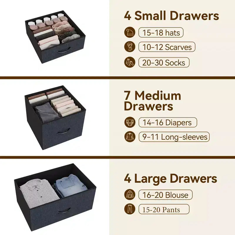 15-Drawer Fabric Storage Tower, Tall Dresser with Steel Frame and Wood Top for Bedroom Closet Hallway Organization