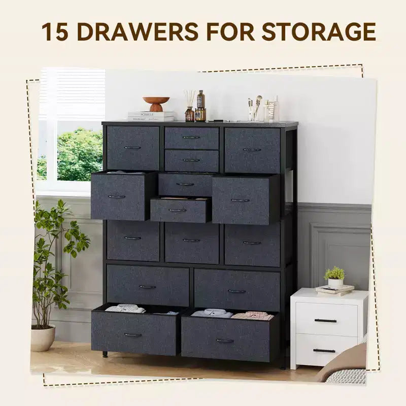 15-Drawer Fabric Storage Tower, Tall Dresser with Steel Frame and Wood Top for Bedroom Closet Hallway Organization