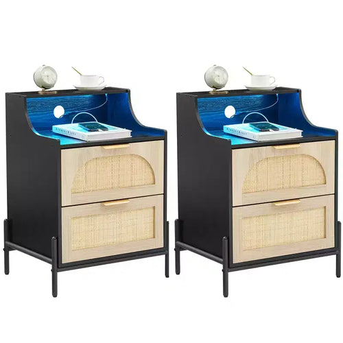 2-Pack Wooden Rattan Nightstand - Bedside Table with Charging Station, LED Lights, USB Ports & Outlets, Modern for Bedroom, Living Room