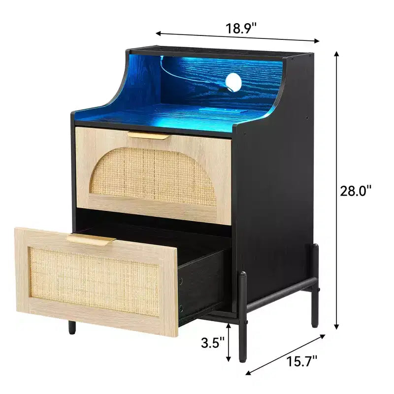 2-Pack Wooden Rattan Nightstand - Bedside Table with Charging Station, LED Lights, USB Ports & Outlets, Modern for Bedroom, Living Room