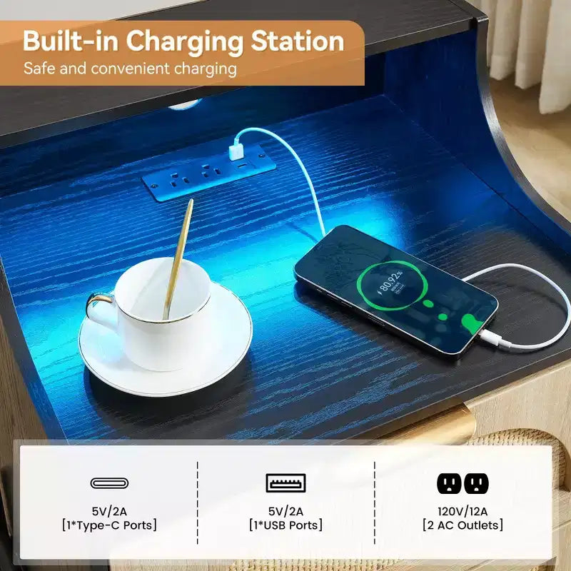 2-Pack Wooden Rattan Nightstand - Bedside Table with Charging Station, LED Lights, USB Ports & Outlets, Modern for Bedroom, Living Room