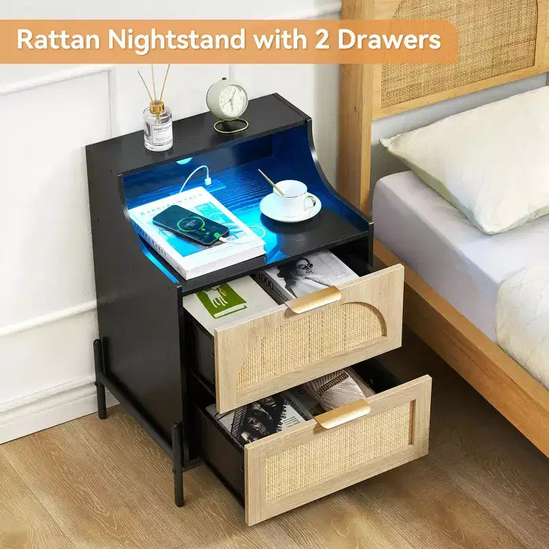 2-Pack Wooden Rattan Nightstand - Bedside Table with Charging Station, LED Lights, USB Ports & Outlets, Modern for Bedroom, Living Room