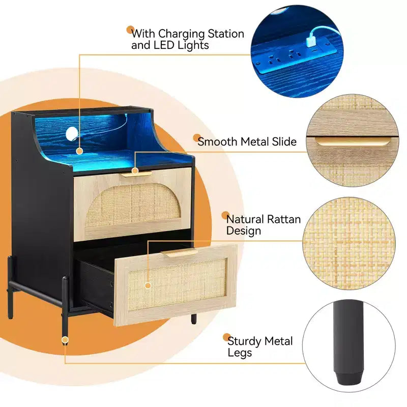 2-Pack Wooden Rattan Nightstand - Bedside Table with Charging Station, LED Lights, USB Ports & Outlets, Modern for Bedroom, Living Room