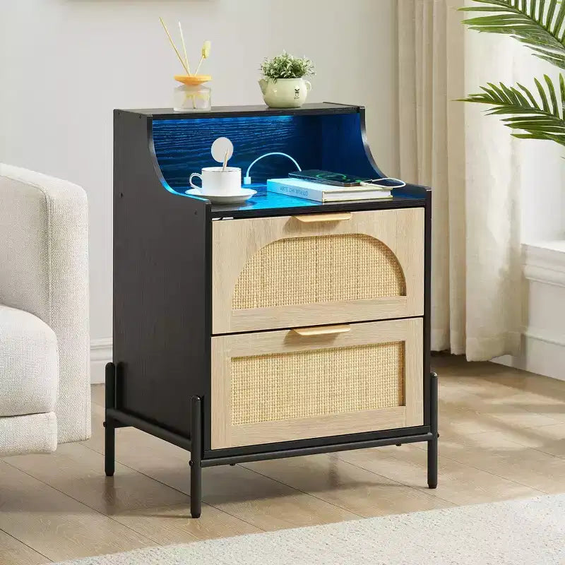 2-Pack Wooden Rattan Nightstand - Bedside Table with Charging Station, LED Lights, USB Ports & Outlets, Modern for Bedroom, Living Room