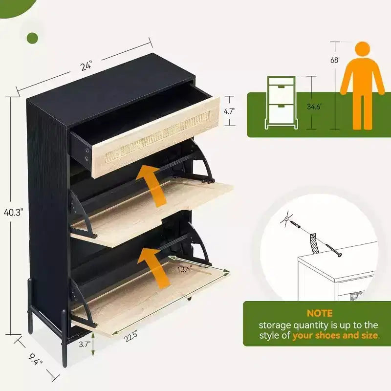 Farmhouse Rattan Shoe Cabinet - 3-Tier Slim Wooden Shoe Rack with 3 Drawers & Adjustable Shelves