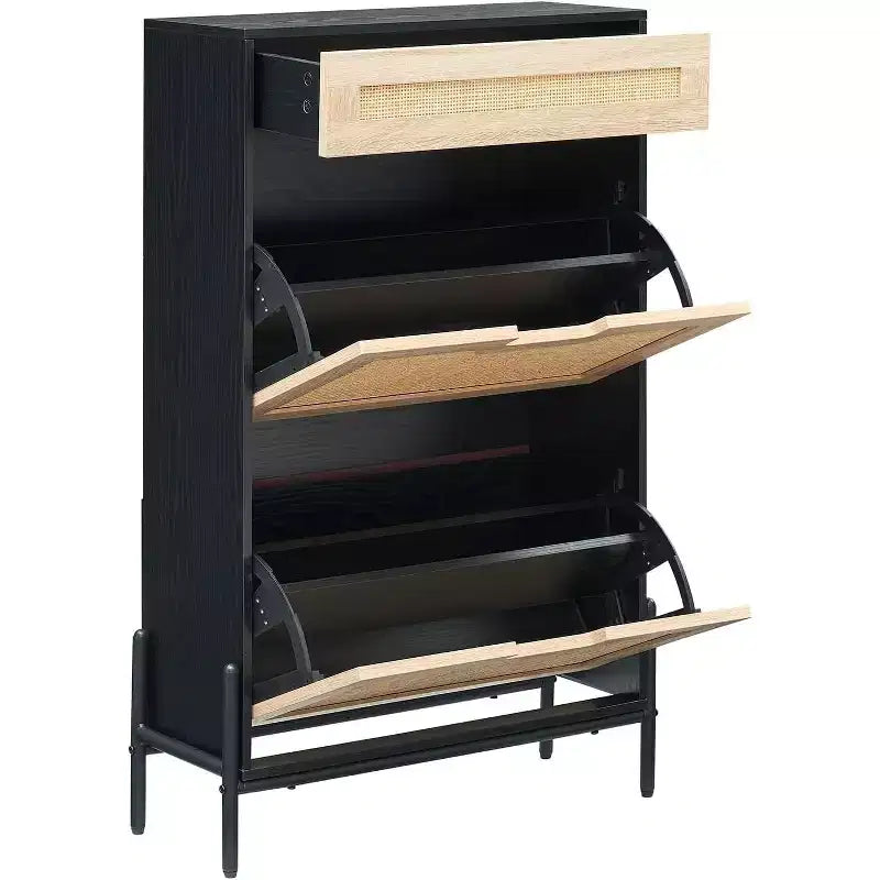 Farmhouse Rattan Shoe Cabinet - 3-Tier Slim Wooden Shoe Rack with 3 Drawers & Adjustable Shelves