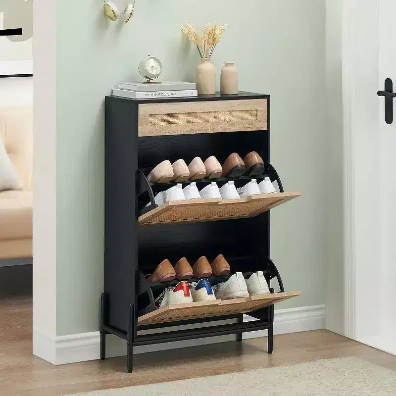 Farmhouse Rattan Shoe Cabinet - 3-Tier Slim Wooden Shoe Rack with 3 Drawers & Adjustable Shelves