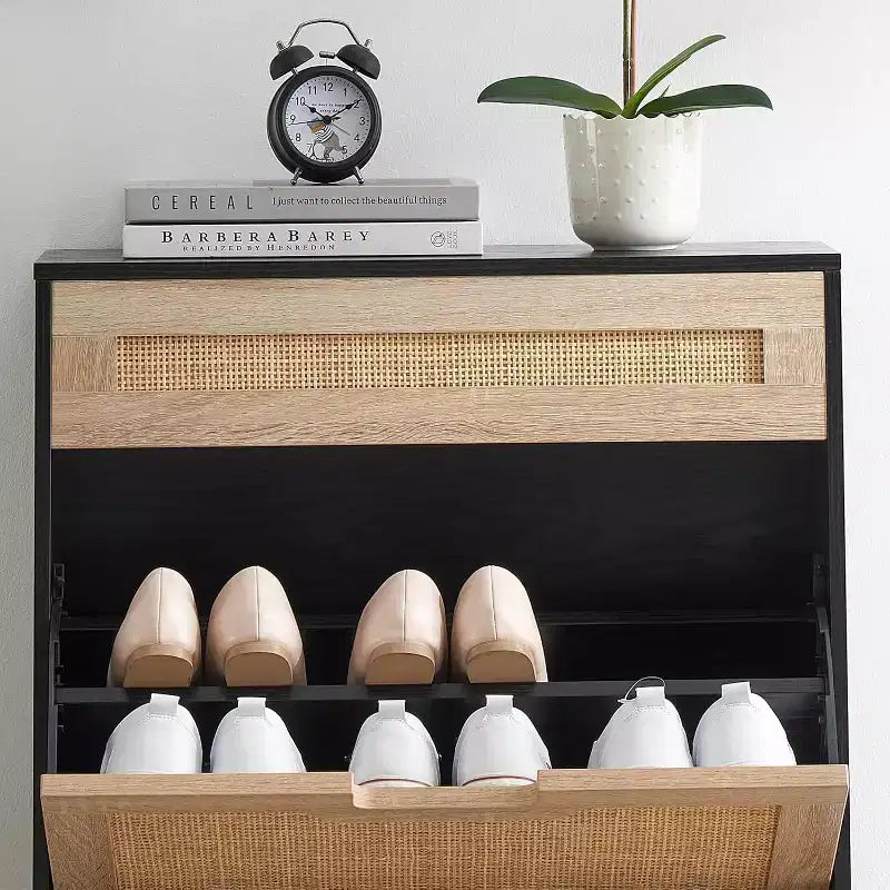 Farmhouse Rattan Shoe Cabinet - 3-Tier Slim Wooden Shoe Rack with 3 Drawers & Adjustable Shelves