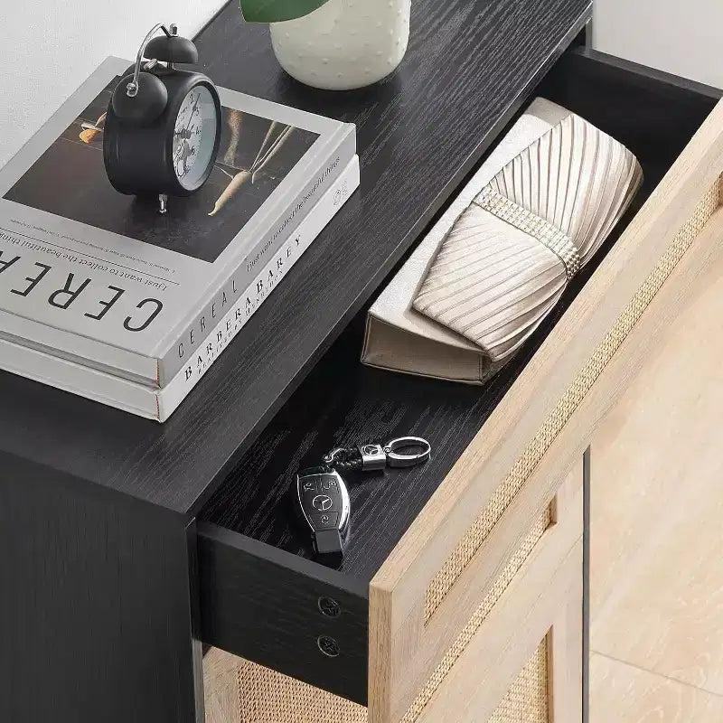 Farmhouse Rattan Shoe Cabinet - 3-Tier Slim Wooden Shoe Rack with 3 Drawers & Adjustable Shelves