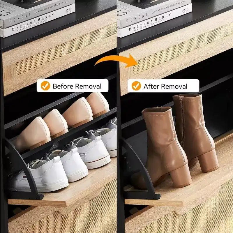 Farmhouse Rattan Shoe Cabinet - 3-Tier Slim Wooden Shoe Rack with 3 Drawers & Adjustable Shelves