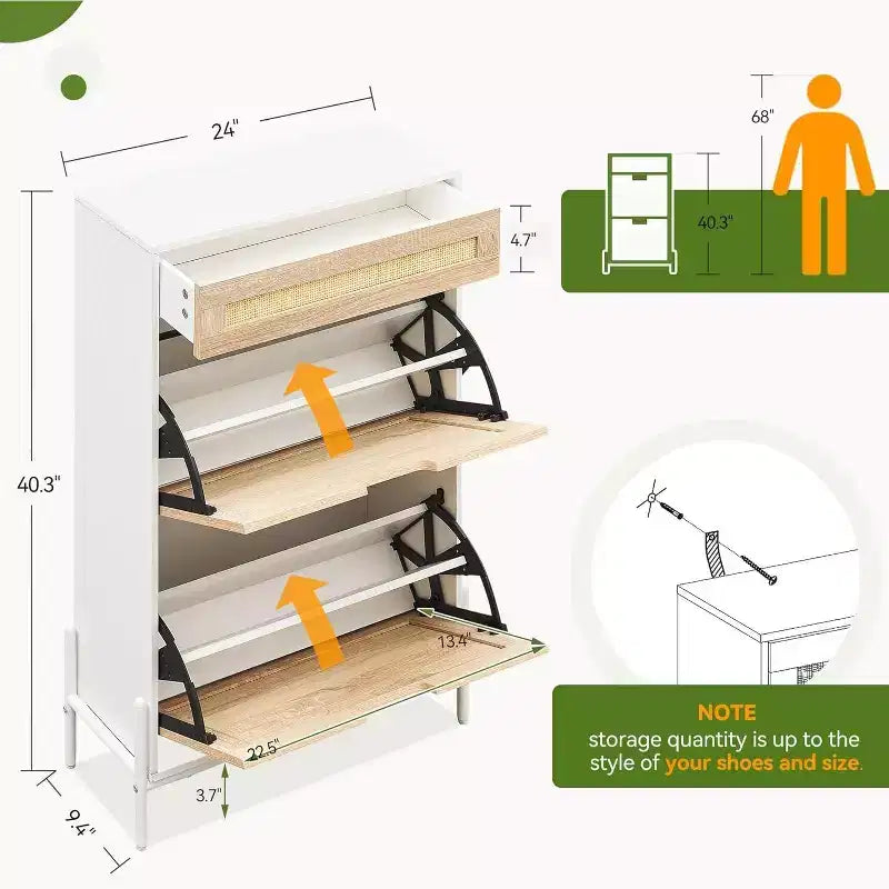 Farmhouse Rattan Shoe Cabinet - 3-Tier Slim Wooden Shoe Rack with 3 Drawers & Adjustable Shelves