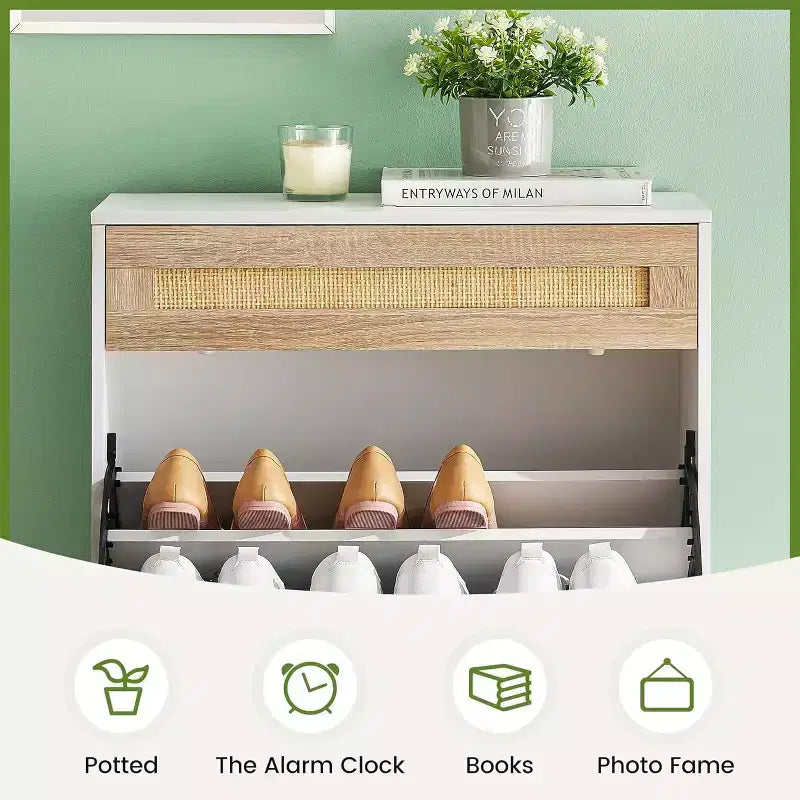 Farmhouse Rattan Shoe Cabinet - 3-Tier Slim Wooden Shoe Rack with 3 Drawers & Adjustable Shelves