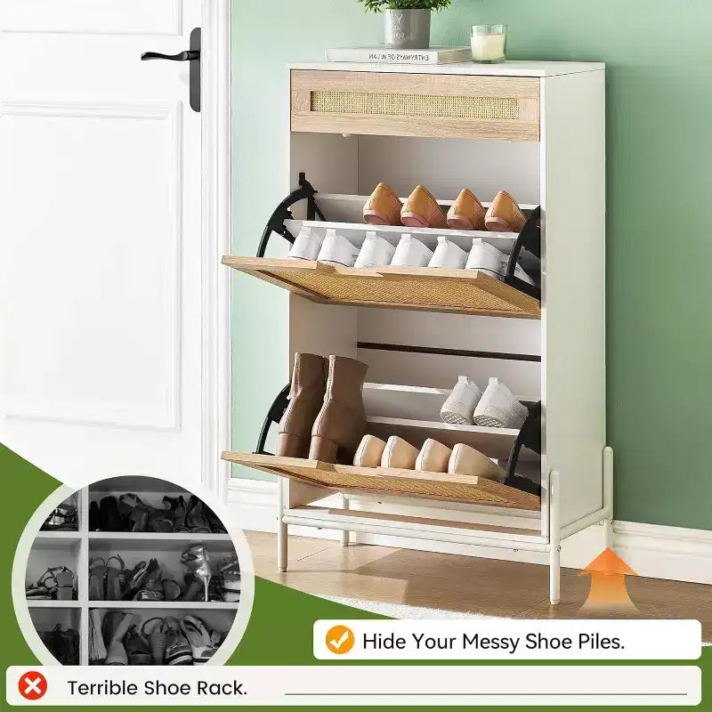 Farmhouse Rattan Shoe Cabinet - 3-Tier Slim Wooden Shoe Rack with 3 Drawers & Adjustable Shelves