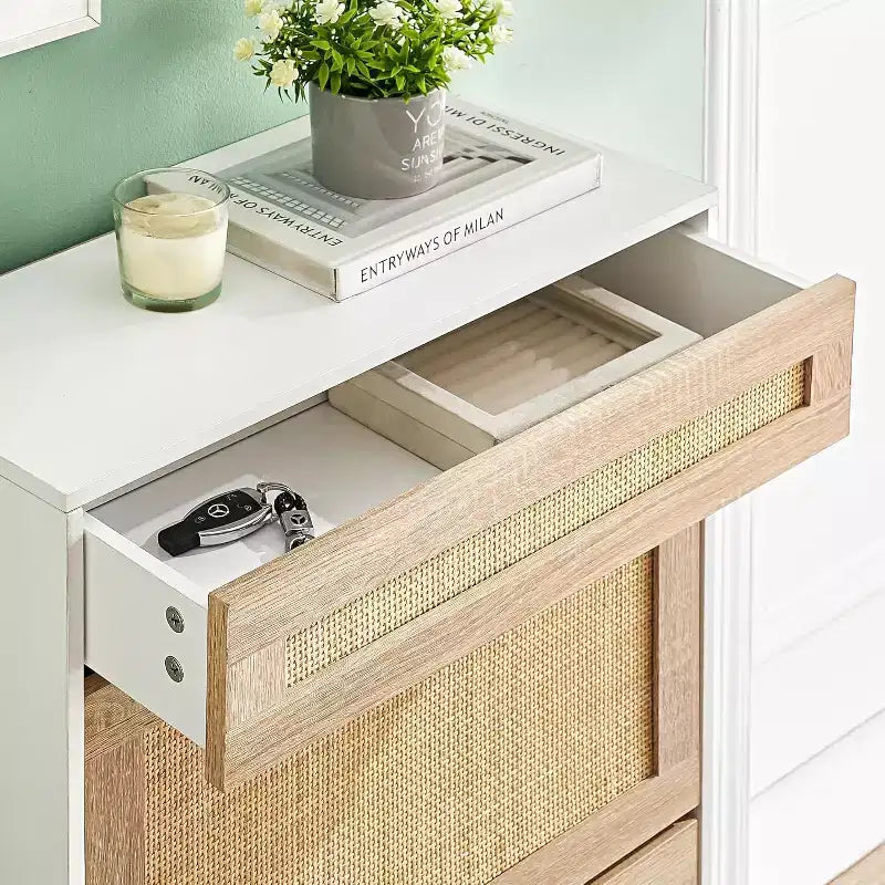 Farmhouse Rattan Shoe Cabinet - 3-Tier Slim Wooden Shoe Rack with 3 Drawers & Adjustable Shelves