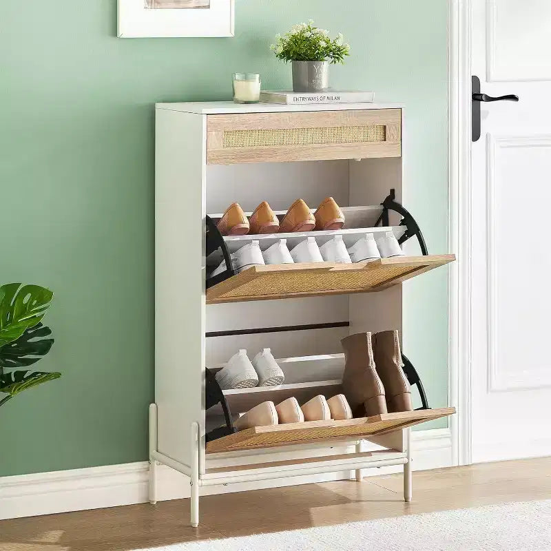 Farmhouse Rattan Shoe Cabinet - 3-Tier Slim Wooden Shoe Rack with 3 Drawers & Adjustable Shelves