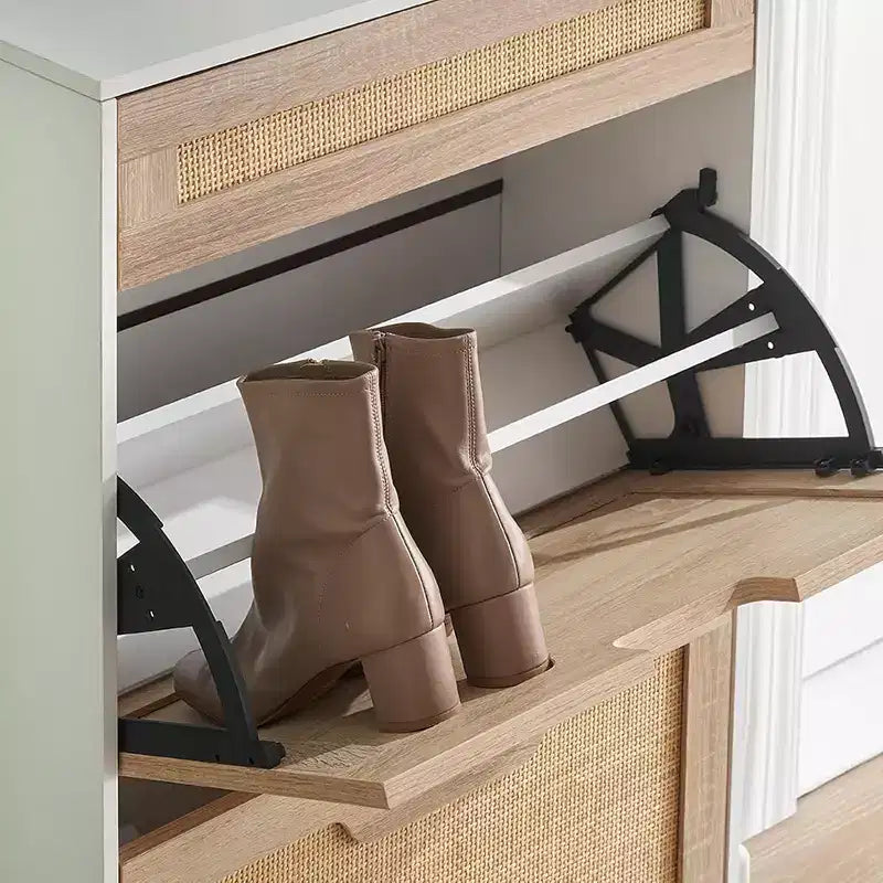 Farmhouse Rattan Shoe Cabinet - 3-Tier Slim Wooden Shoe Rack with 3 Drawers & Adjustable Shelves